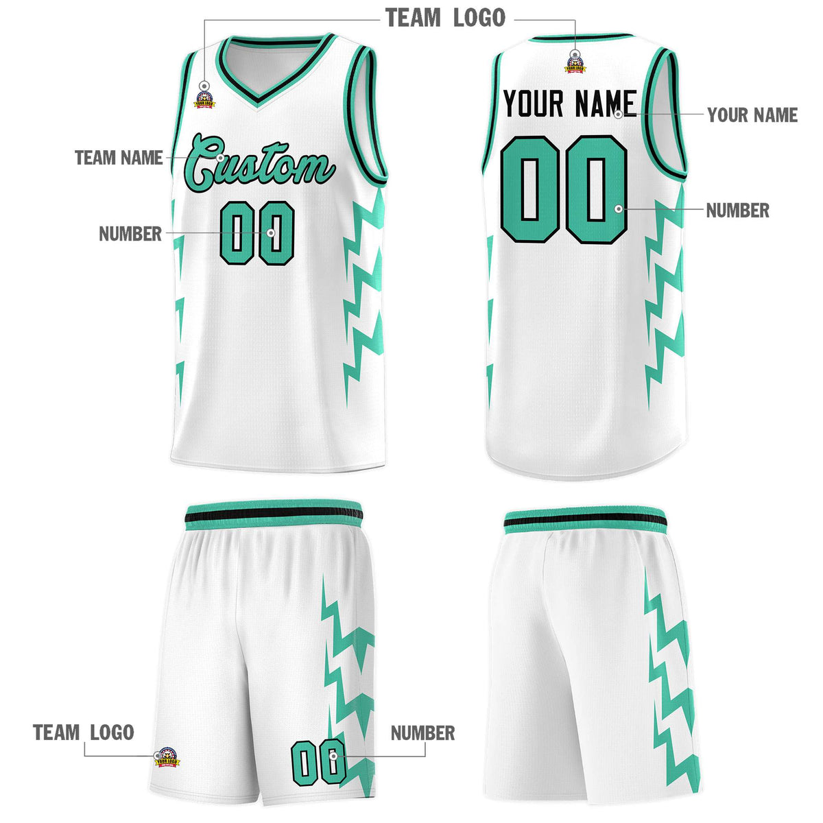 Custom White Side Lightning Pattern Sports Uniform Basketball Jersey