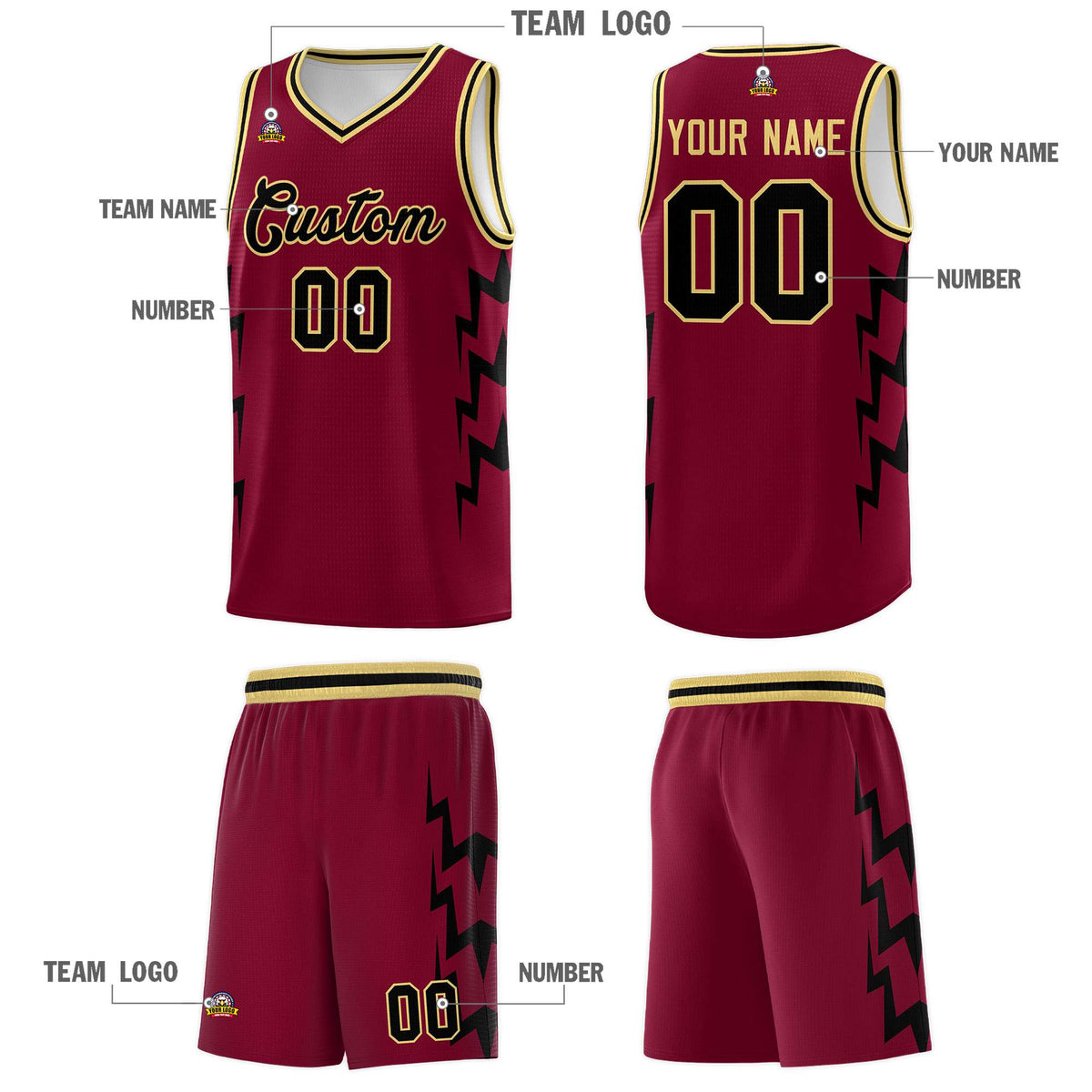 Custom Crimson Side Lightning Pattern Sports Uniform Basketball Jersey