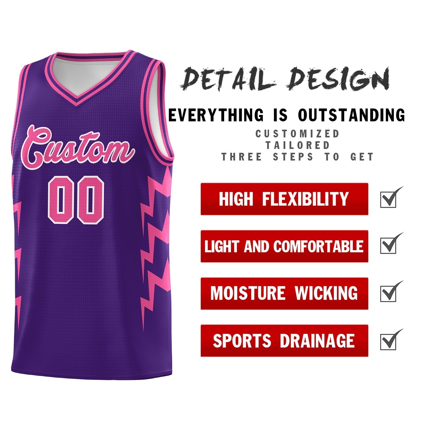 Custom Purple Side Lightning Pattern Sports Uniform Basketball Jersey