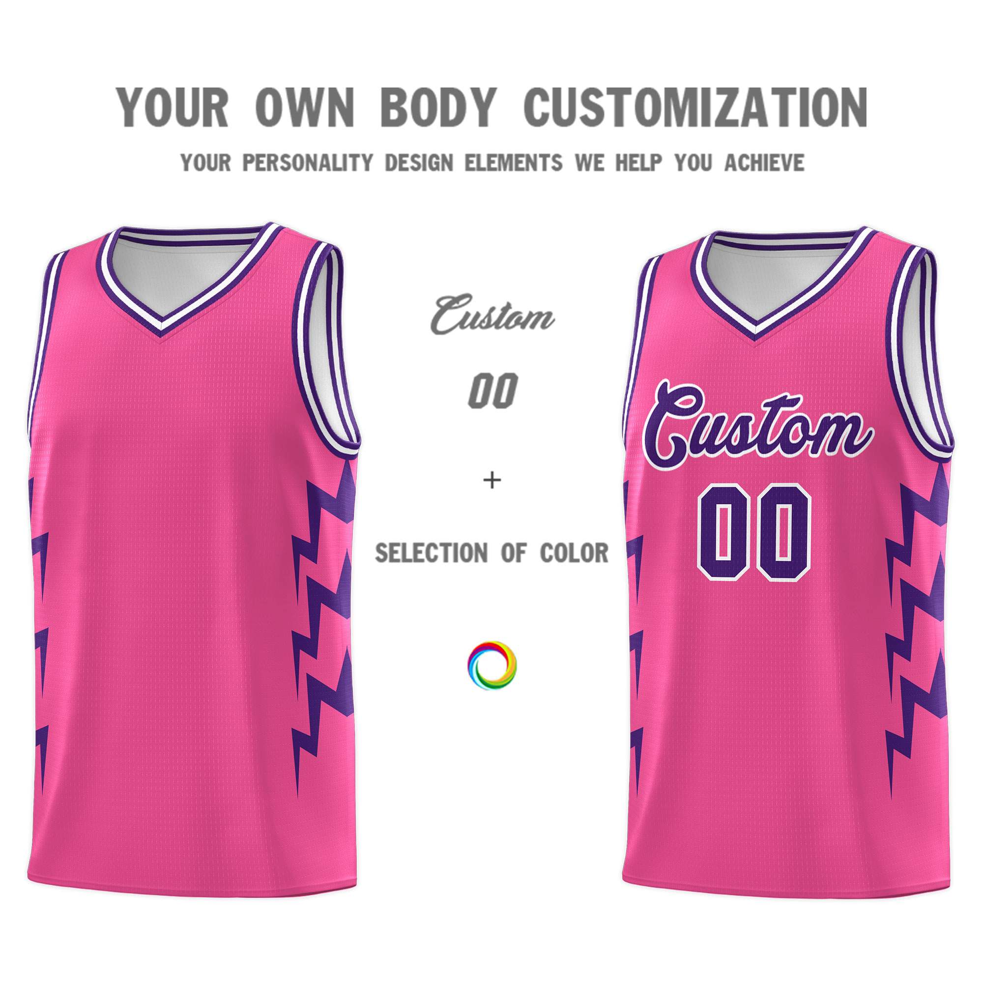 Custom Pink Side Lightning Pattern Sports Uniform Basketball Jersey
