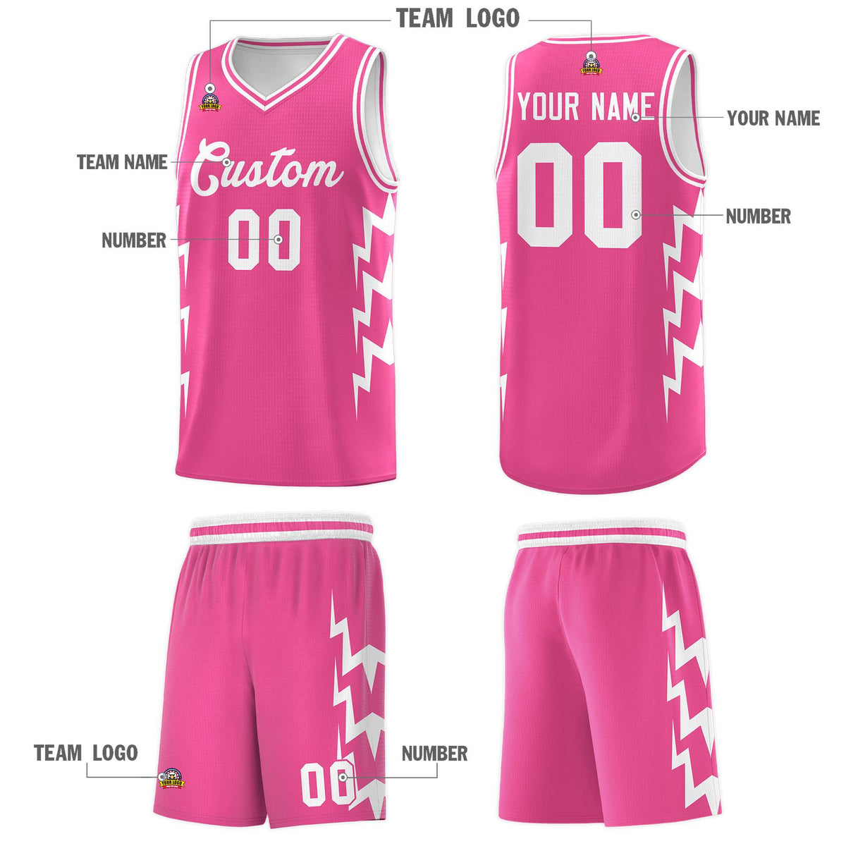 Custom Pink Side Lightning Pattern Sports Uniform Basketball Jersey