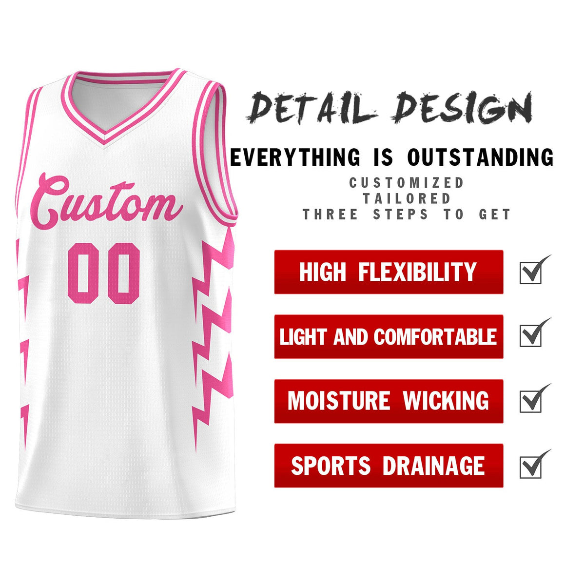 Custom White Side Lightning Pattern Sports Uniform Basketball Jersey