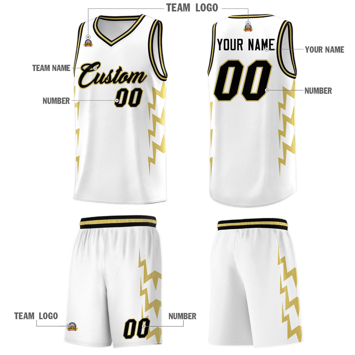 Custom White Side Lightning Pattern Sports Uniform Basketball Jersey