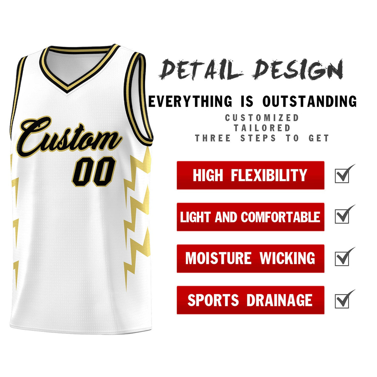 Custom White Side Lightning Pattern Sports Uniform Basketball Jersey