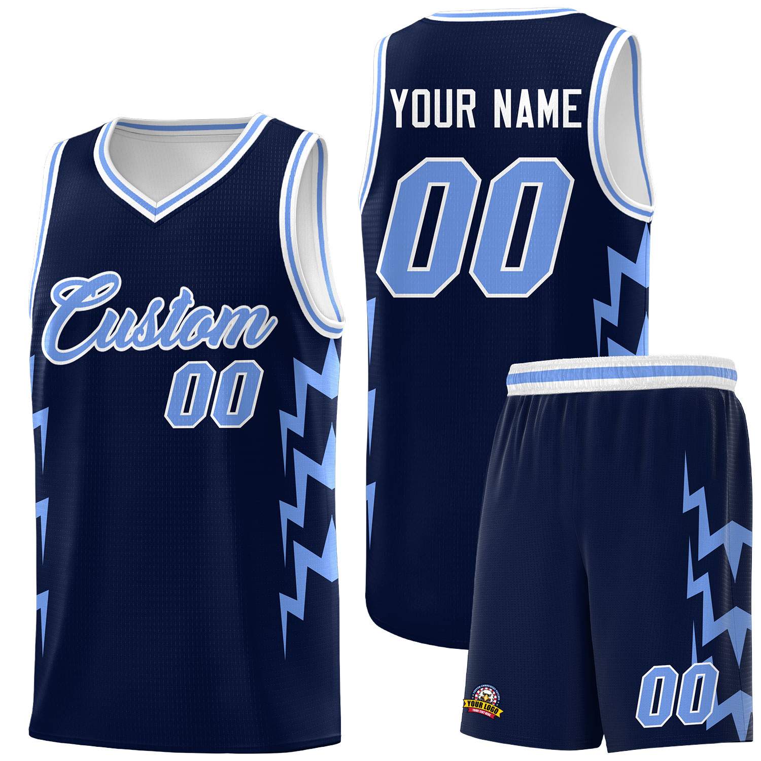 Custom Navy Side Lightning Pattern Sports Uniform Basketball Jersey