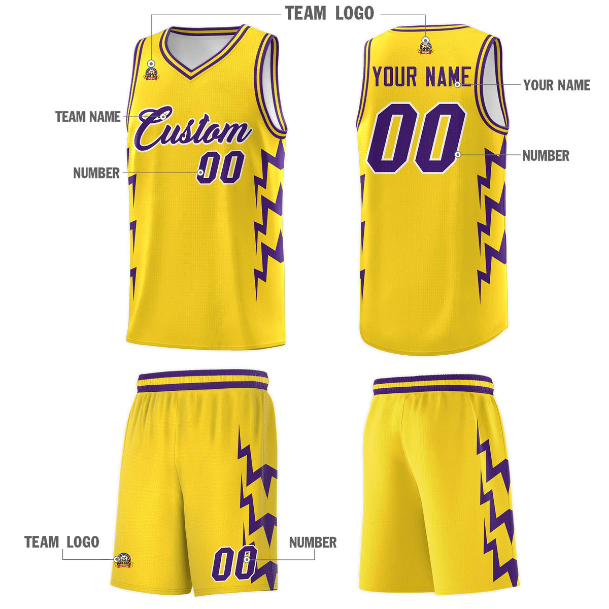 Custom Gold Side Lightning Pattern Sports Uniform Basketball Jersey