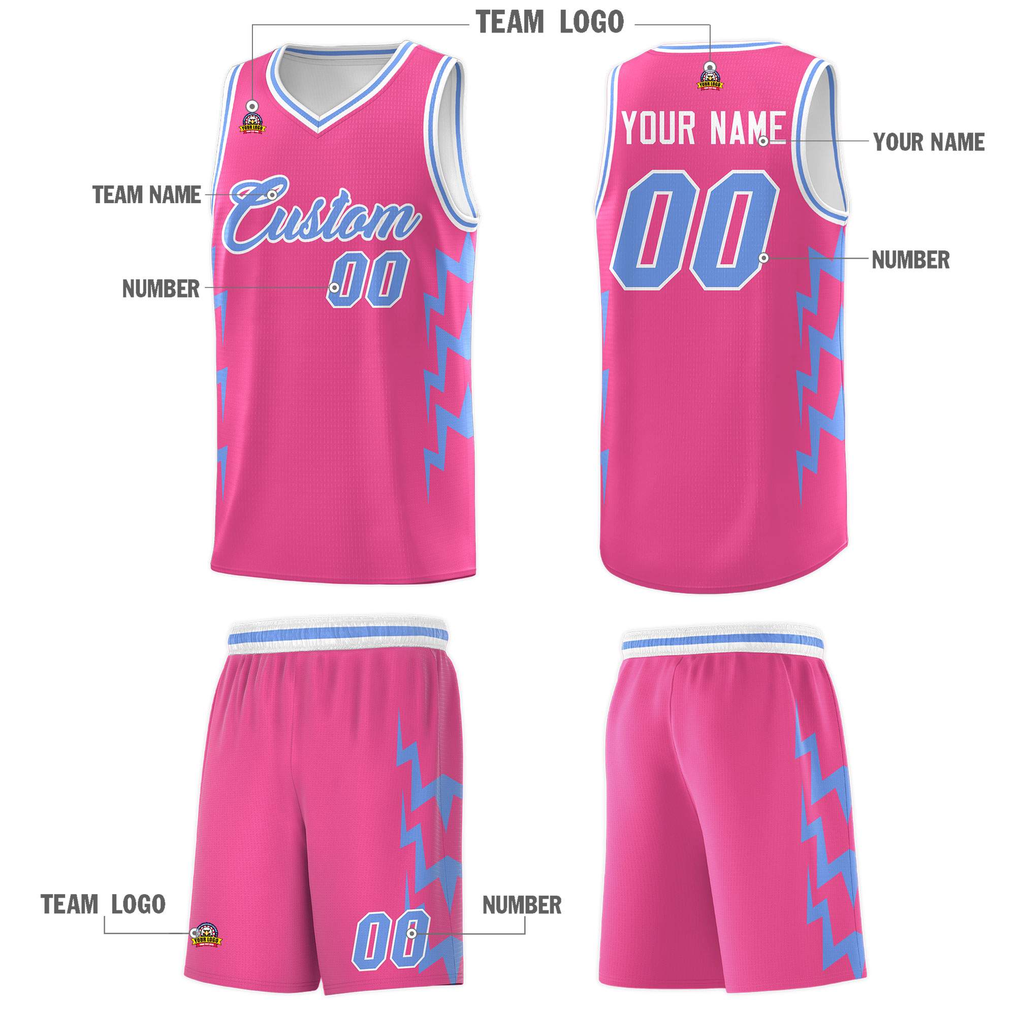 Custom Pink Side Lightning Pattern Sports Uniform Basketball Jersey