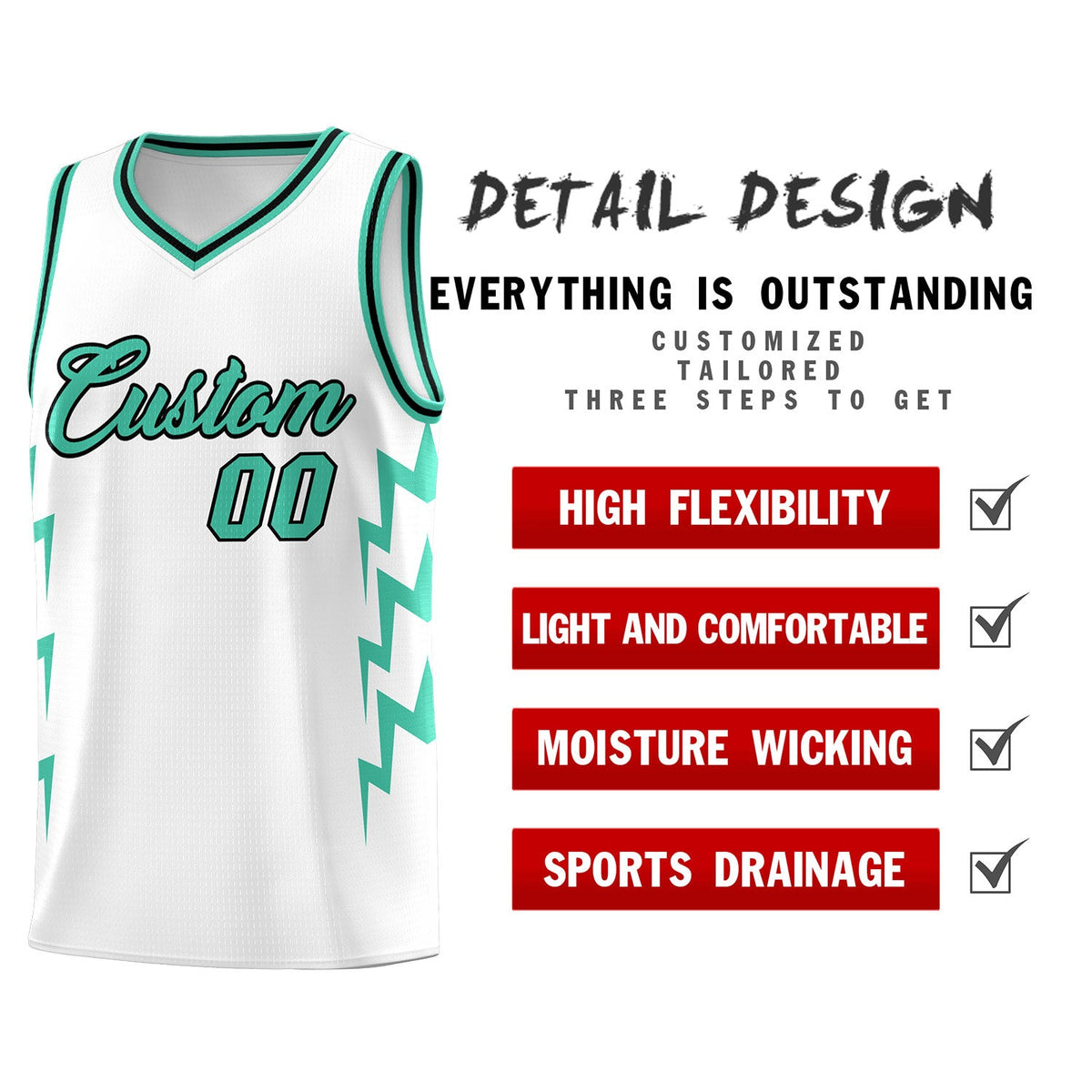 Custom White Side Lightning Pattern Sports Uniform Basketball Jersey