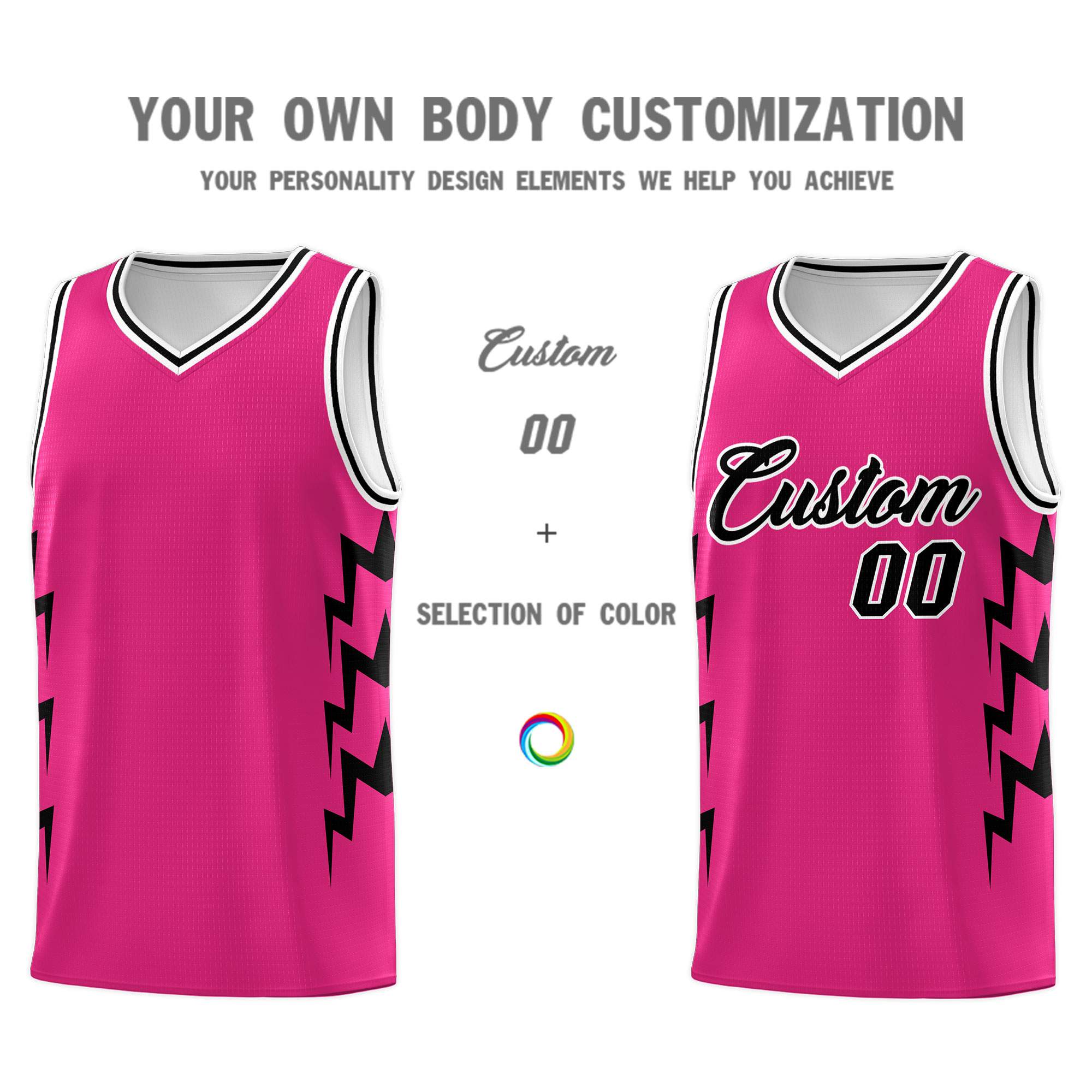 Custom Pink Side Lightning Pattern Sports Uniform Basketball Jersey