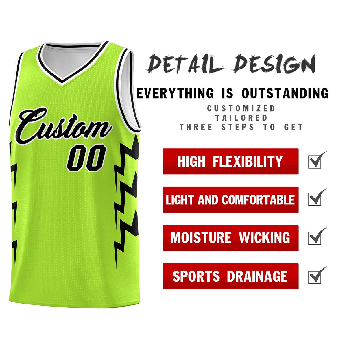 Custom Neon Green Side Lightning Pattern Sports Uniform Basketball Jersey