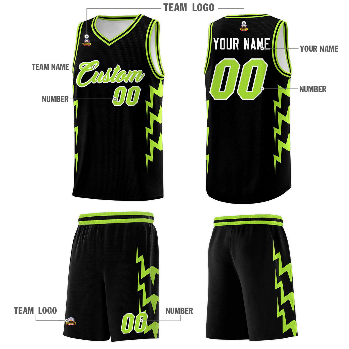 Custom Black Side Lightning Pattern Sports Uniform Basketball Jersey