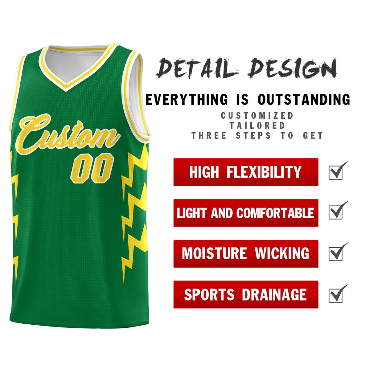 Custom Kelly Green Side Lightning Pattern Sports Uniform Basketball Jersey
