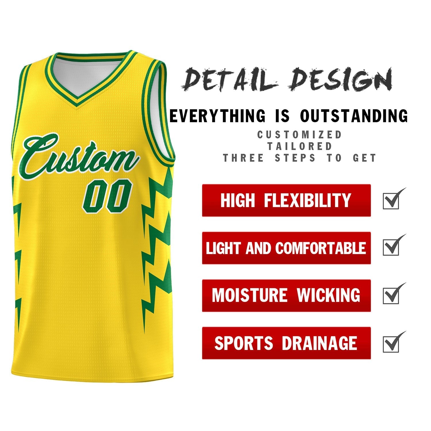 Custom Gold Side Lightning Pattern Sports Uniform Basketball Jersey