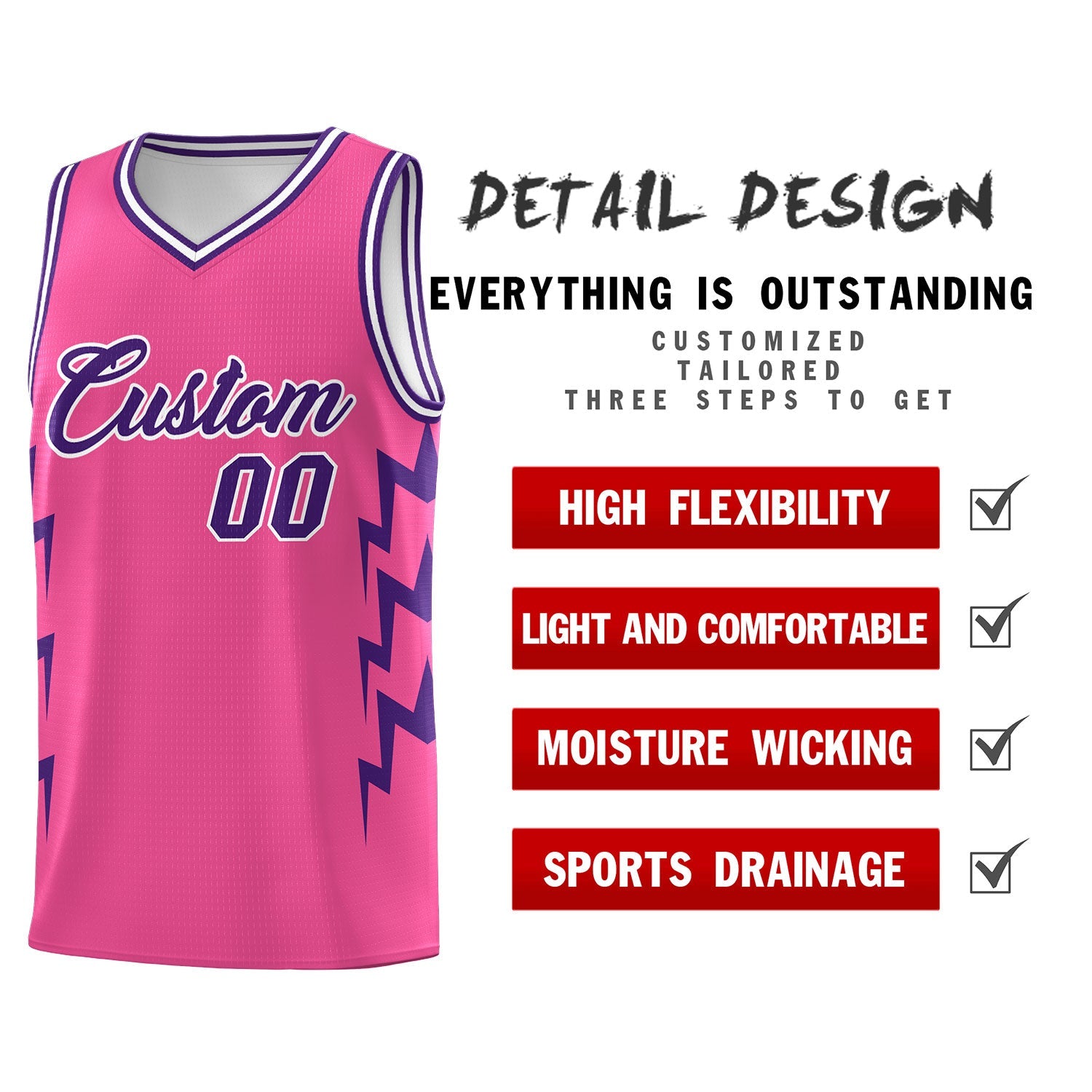 Custom Pink Side Lightning Pattern Sports Uniform Basketball Jersey