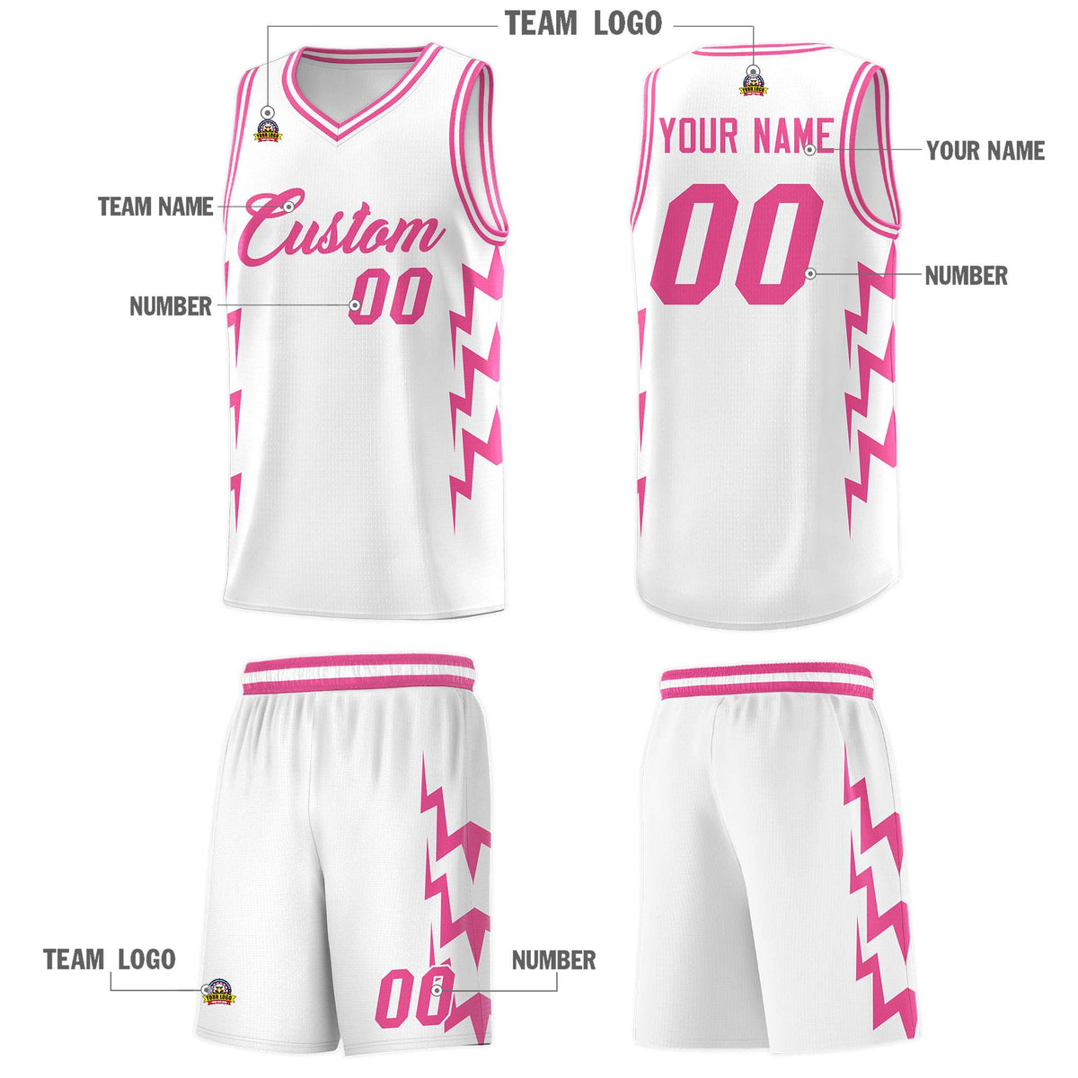 Custom White Side Lightning Pattern Sports Uniform Basketball Jersey