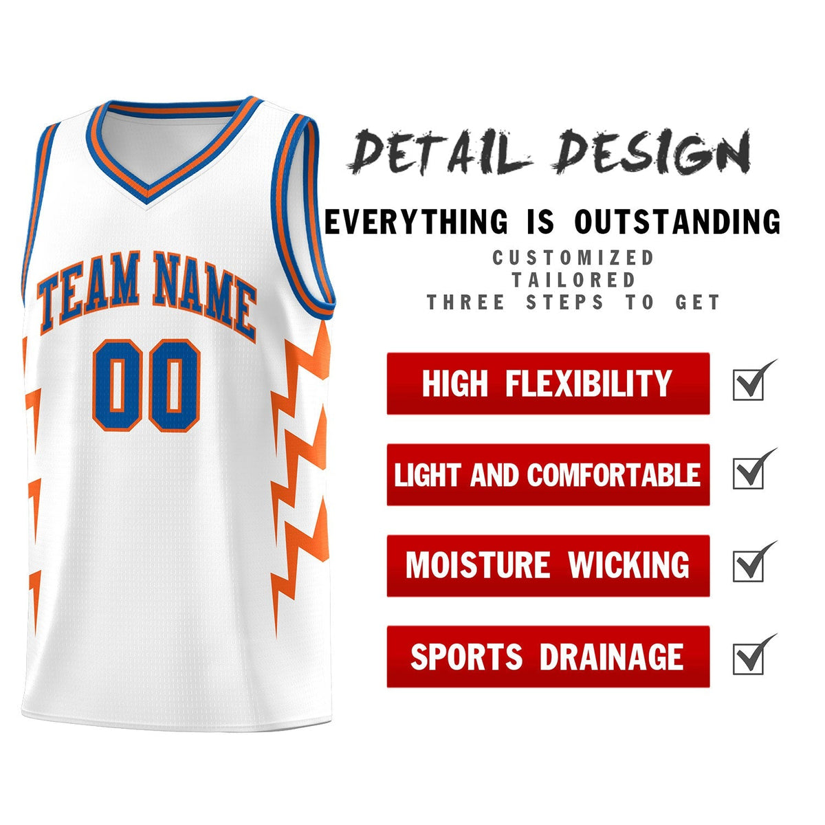 Custom White Side Lightning Pattern Sports Uniform Basketball Jersey