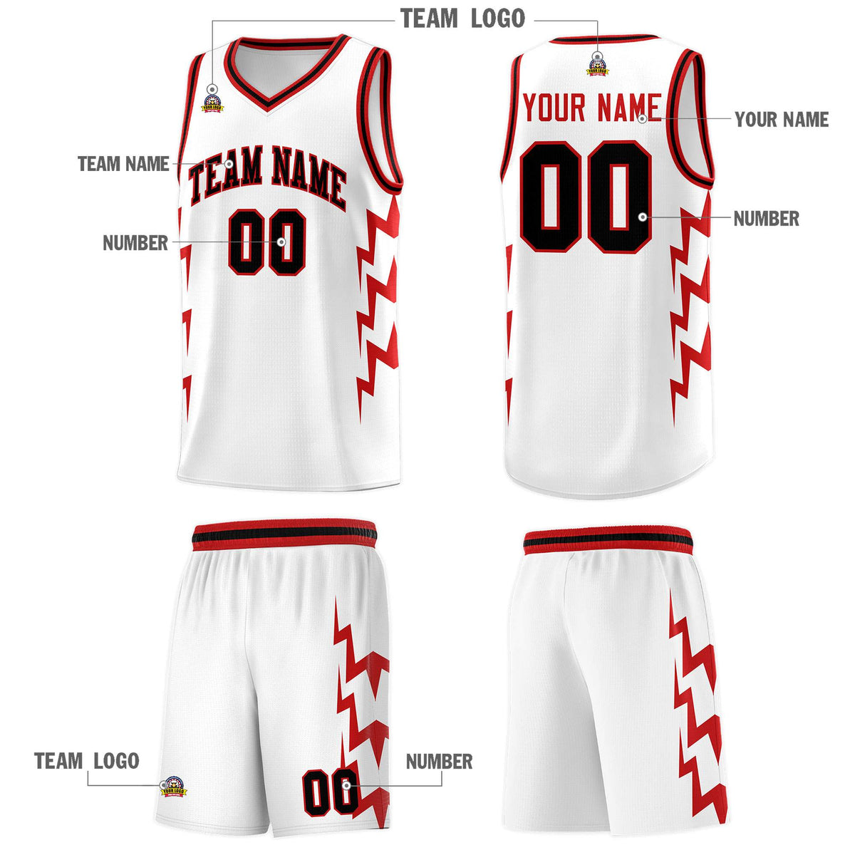 Custom White Side Lightning Pattern Sports Uniform Basketball Jersey