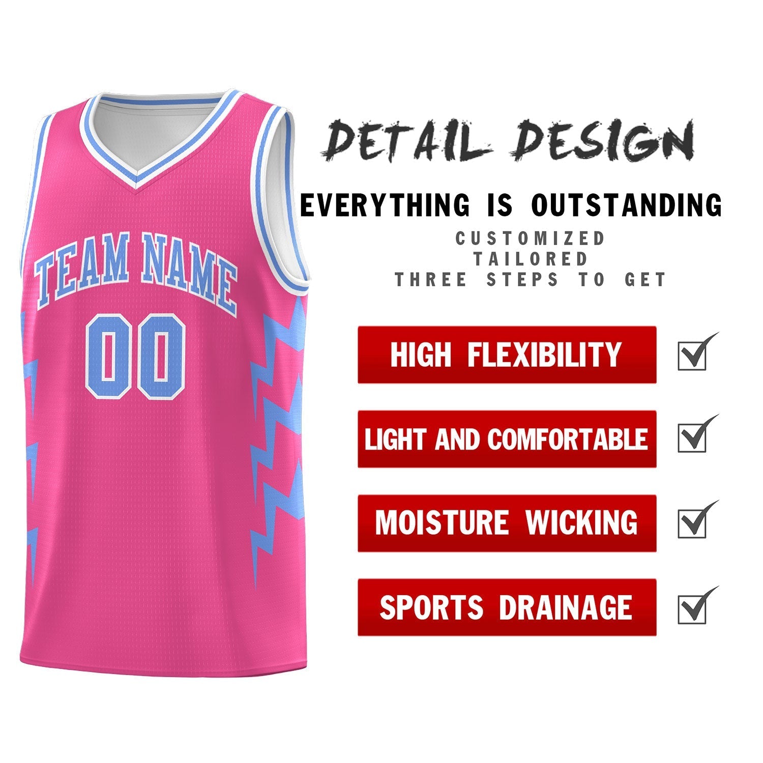 Custom Pink Side Lightning Pattern Sports Uniform Basketball Jersey