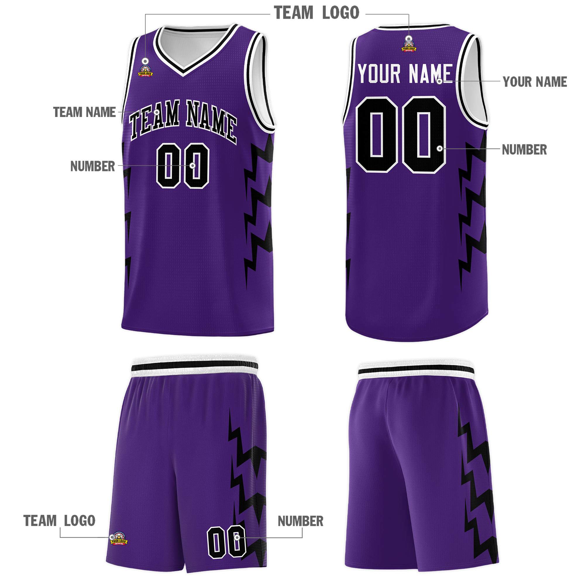 Custom Purple Side Lightning Pattern Sports Uniform Basketball Jersey