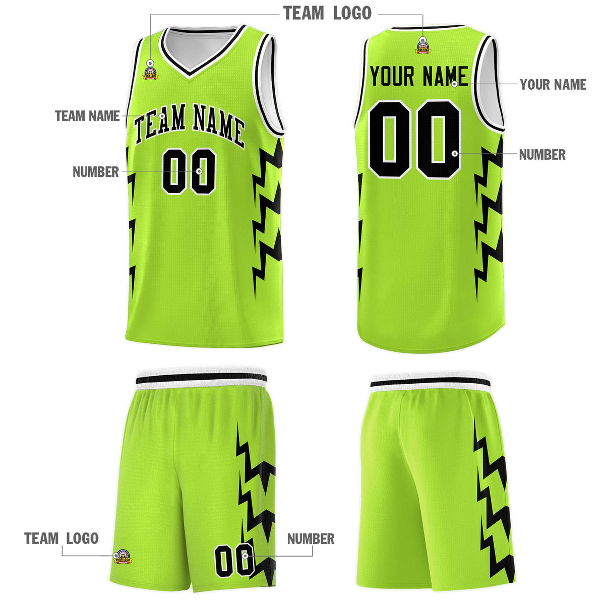 Custom Neon Green Side Lightning Pattern Sports Uniform Basketball Jersey
