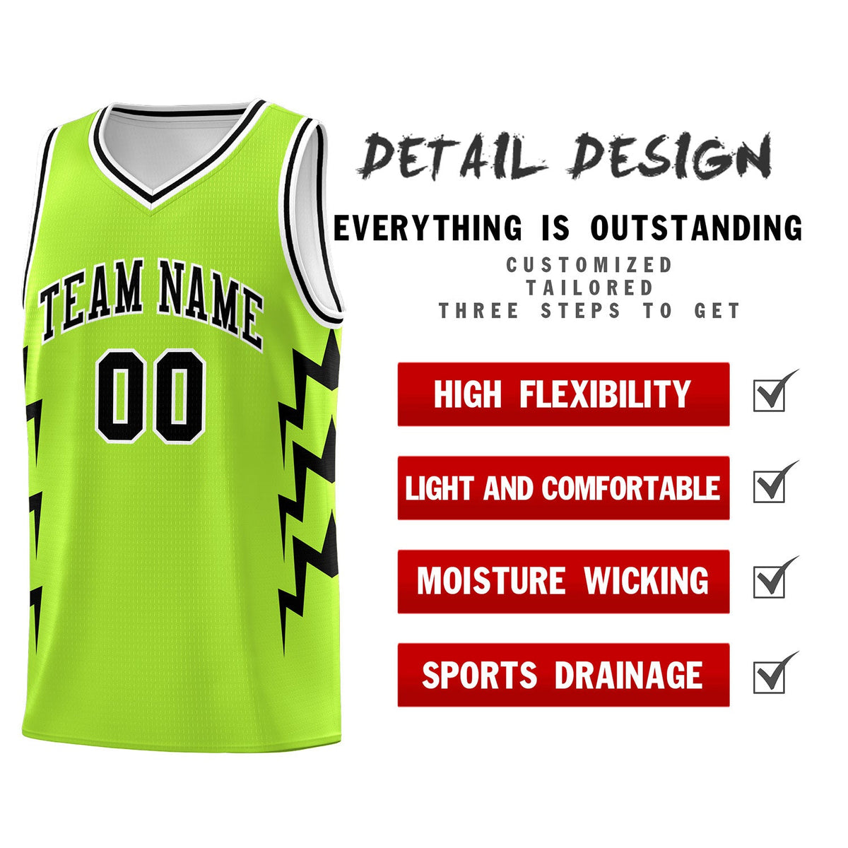 Custom Neon Green Side Lightning Pattern Sports Uniform Basketball Jersey