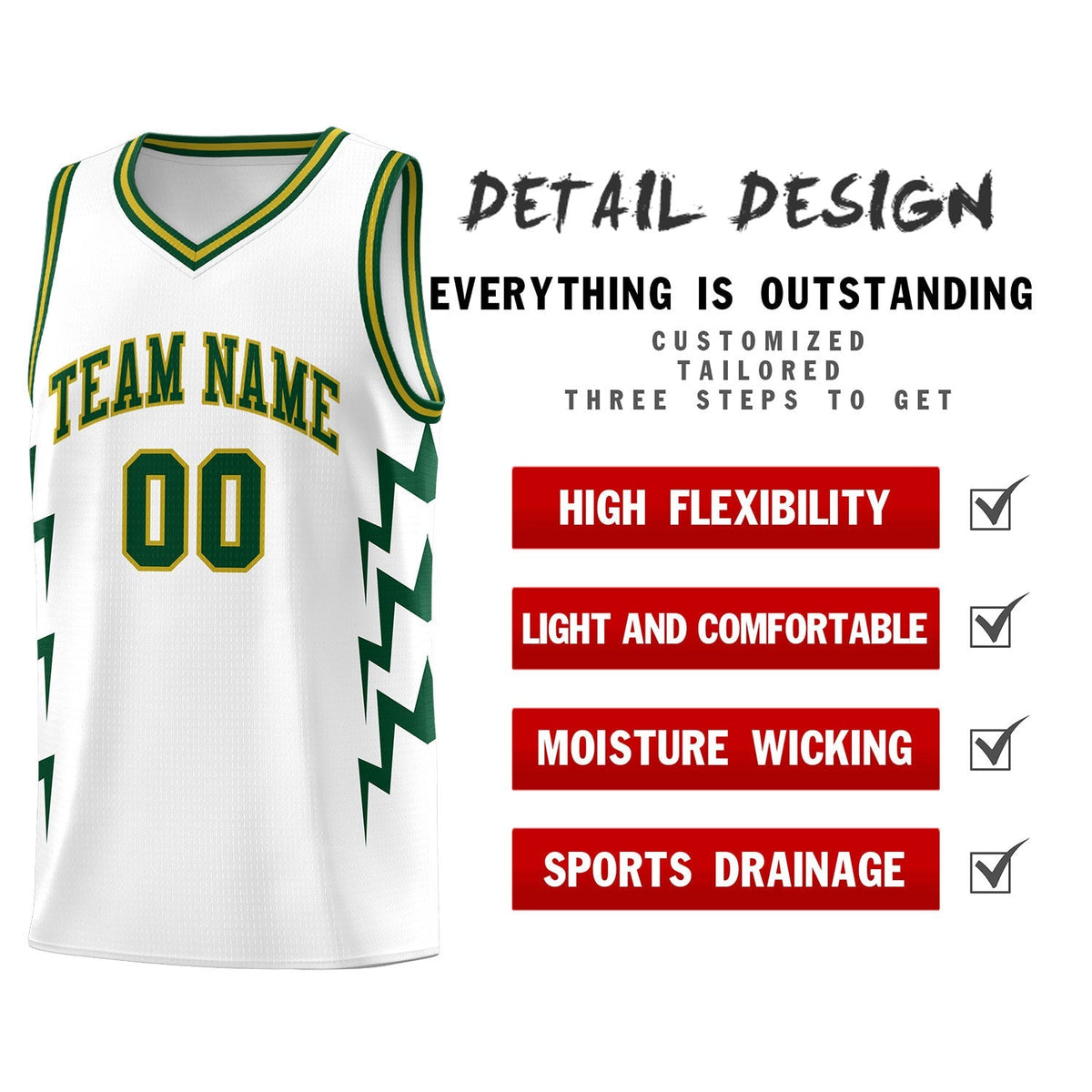 Custom White Side Lightning Pattern Sports Uniform Basketball Jersey