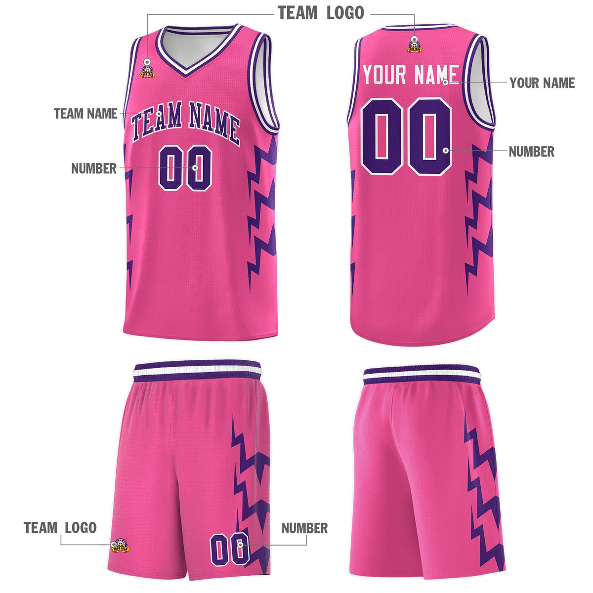 Custom Pink Side Lightning Pattern Sports Uniform Basketball Jersey