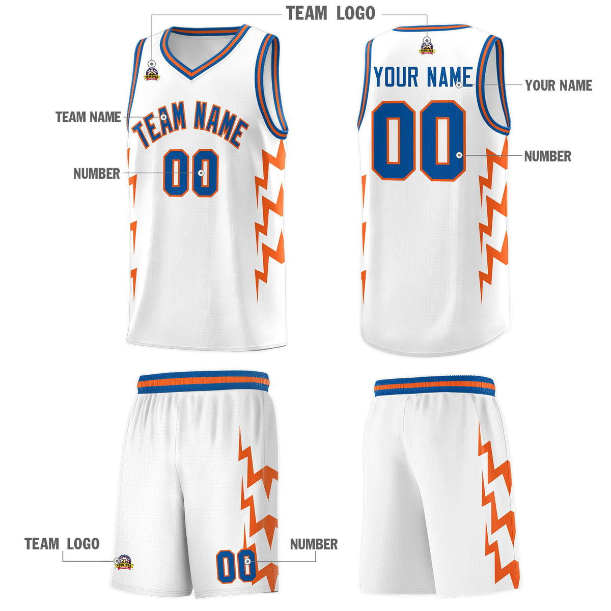 Custom White Side Lightning Pattern Sports Uniform Basketball Jersey