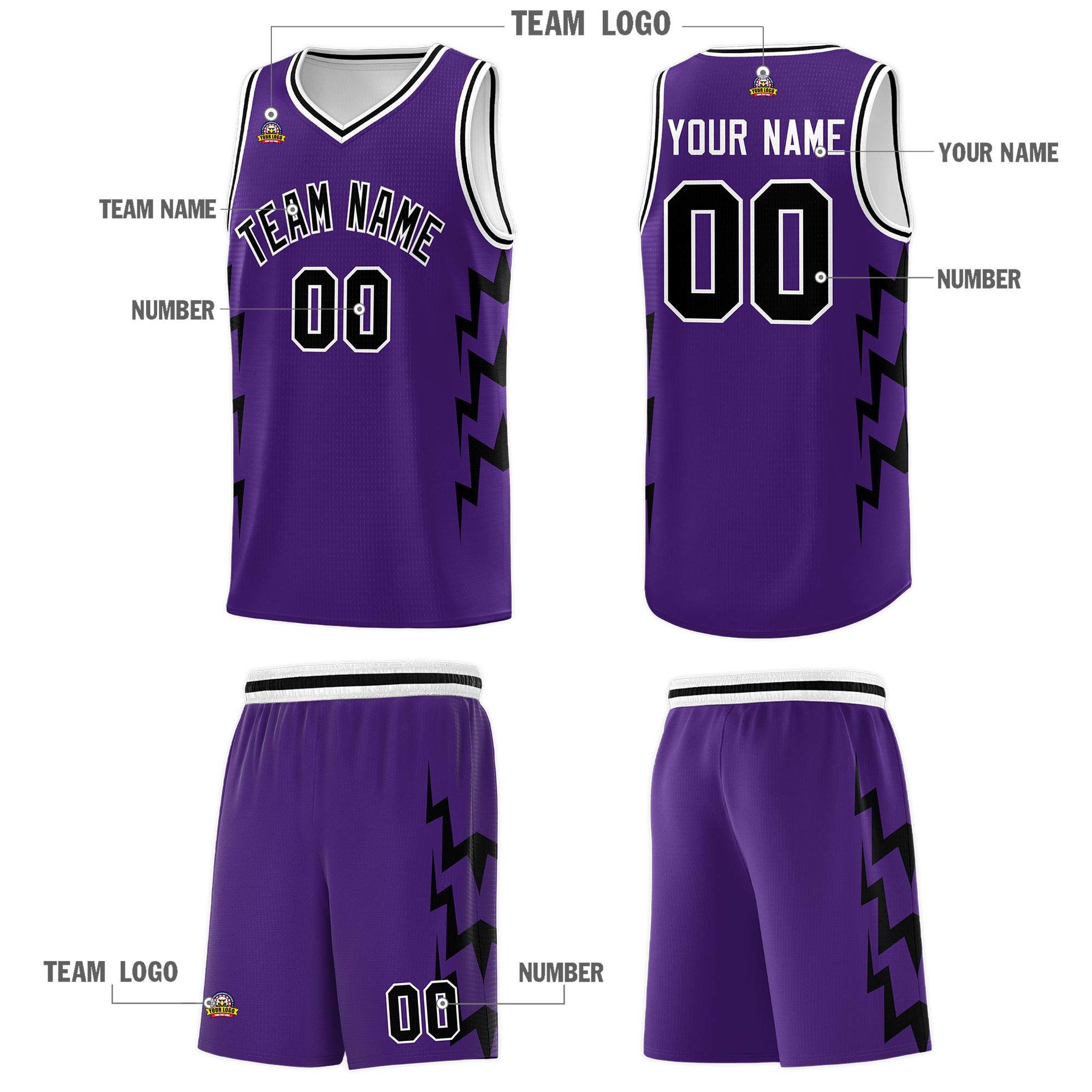 Custom Purple Side Lightning Pattern Sports Uniform Basketball Jersey