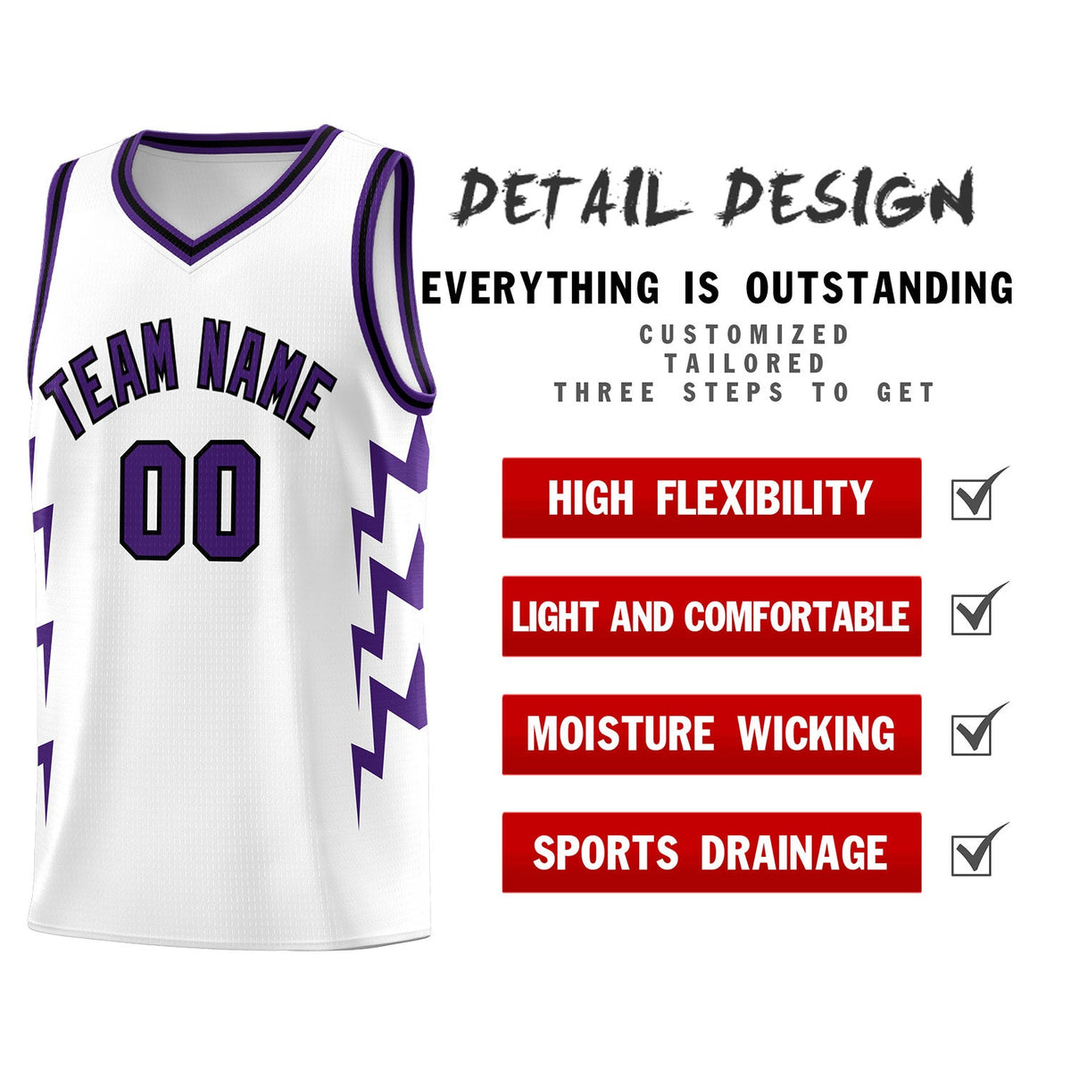 Custom White Side Lightning Pattern Sports Uniform Basketball Jersey