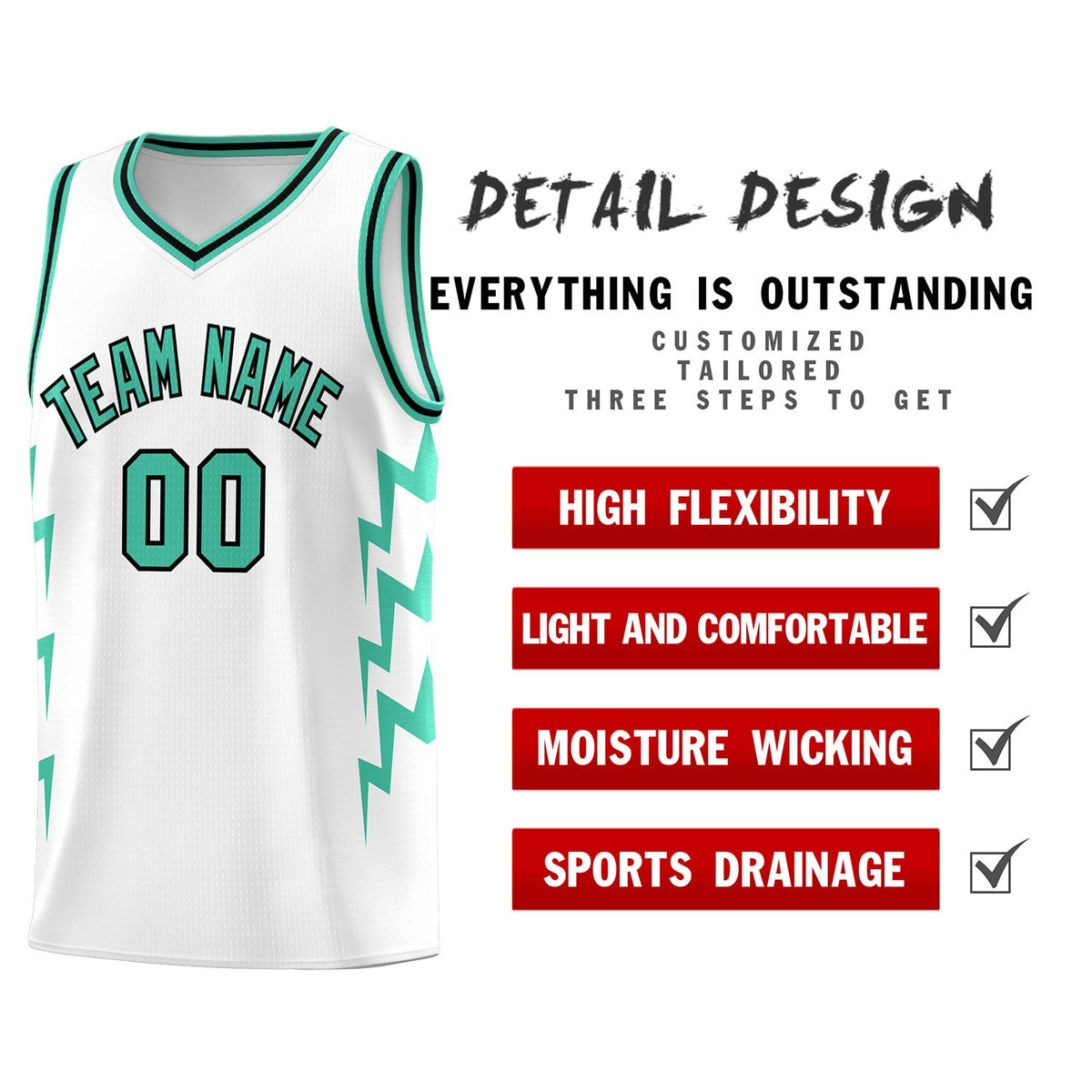 Custom White Side Lightning Pattern Sports Uniform Basketball Jersey