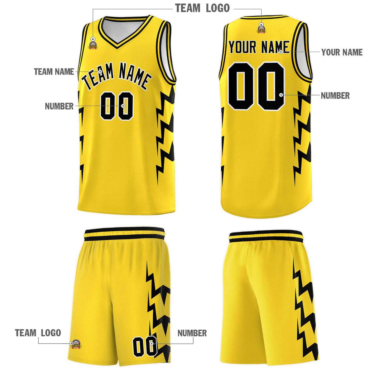 Custom Gold Side Lightning Pattern Sports Uniform Basketball Jersey