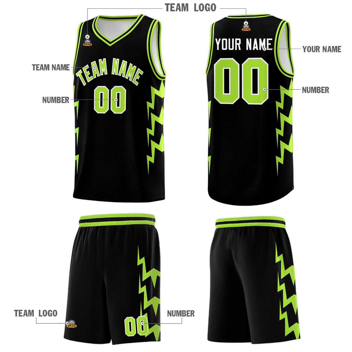 Custom Black Side Lightning Pattern Sports Uniform Basketball Jersey