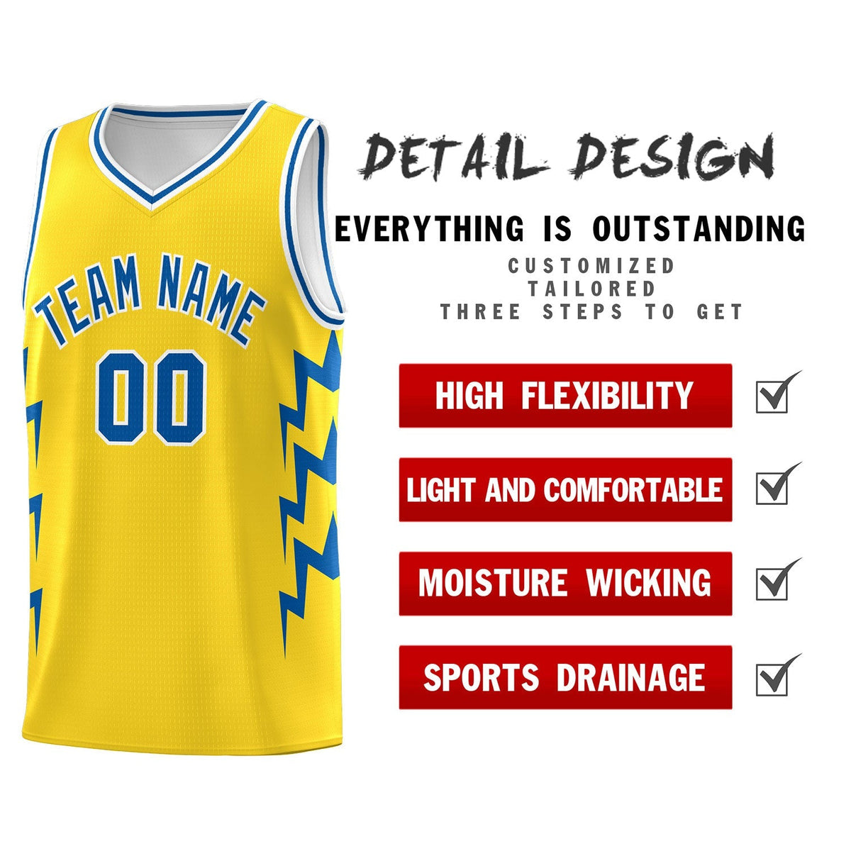 Custom Gold Side Lightning Pattern Sports Uniform Basketball Jersey
