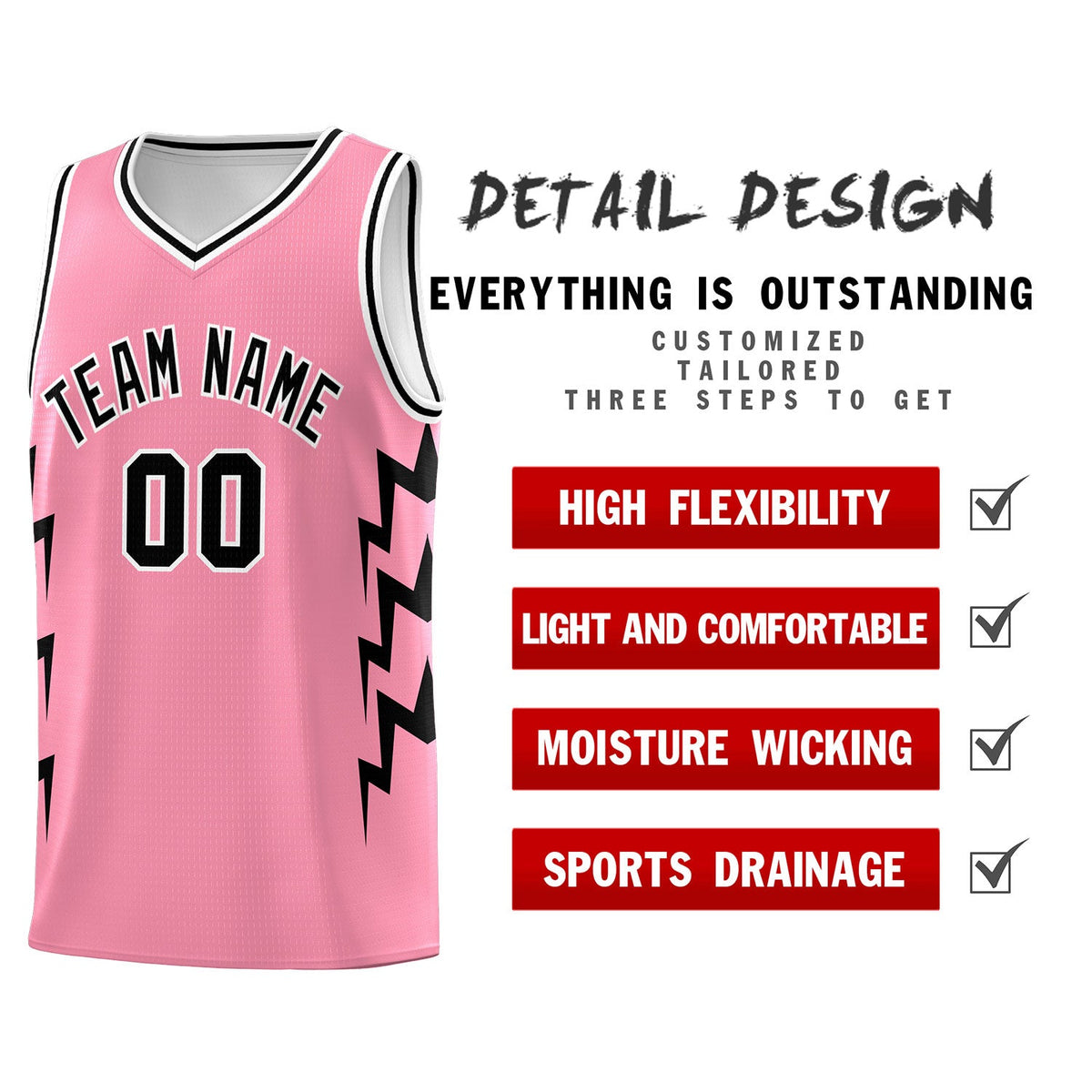 Custom Light Pink Side Lightning Pattern Sports Uniform Basketball Jersey