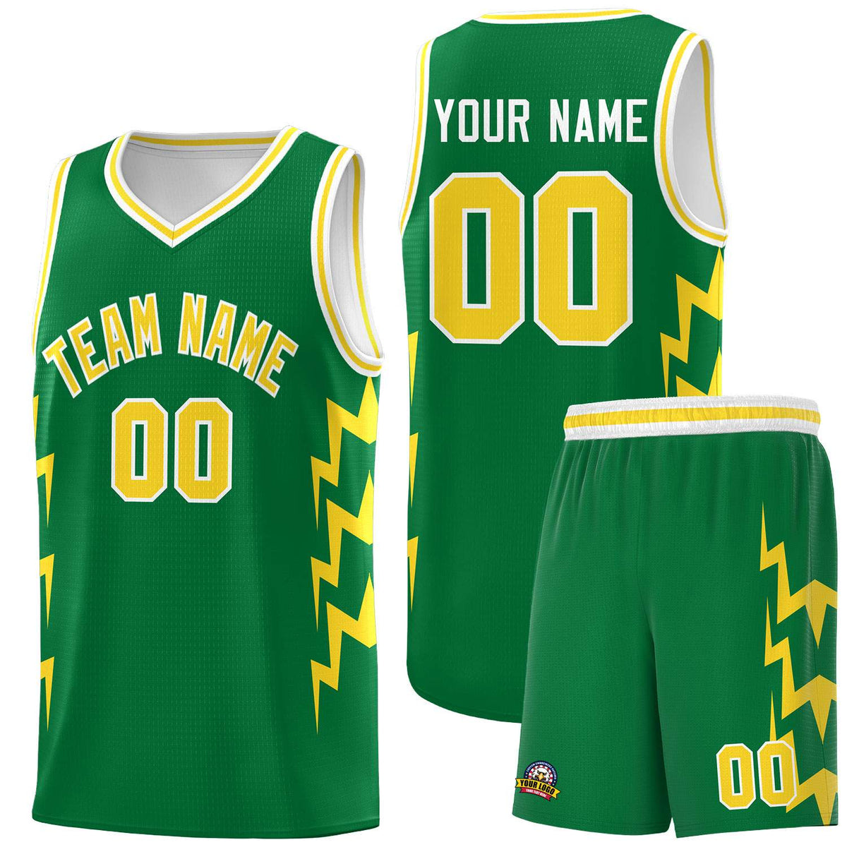 Custom Kelly Green Side Lightning Pattern Sports Uniform Basketball Jersey