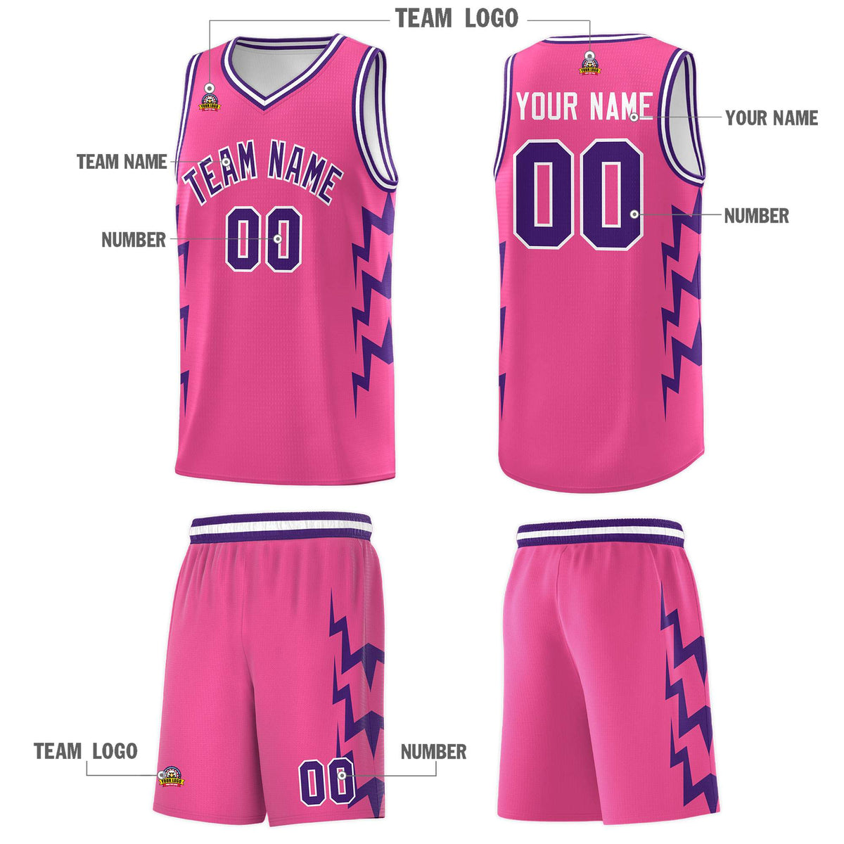 Custom Pink Side Lightning Pattern Sports Uniform Basketball Jersey