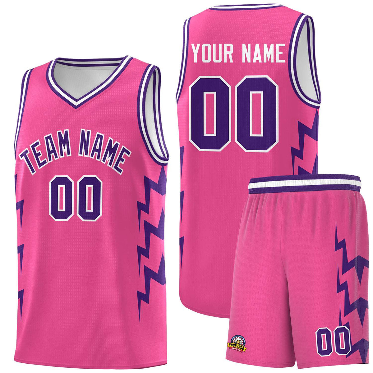 Custom Pink Side Lightning Pattern Sports Uniform Basketball Jersey