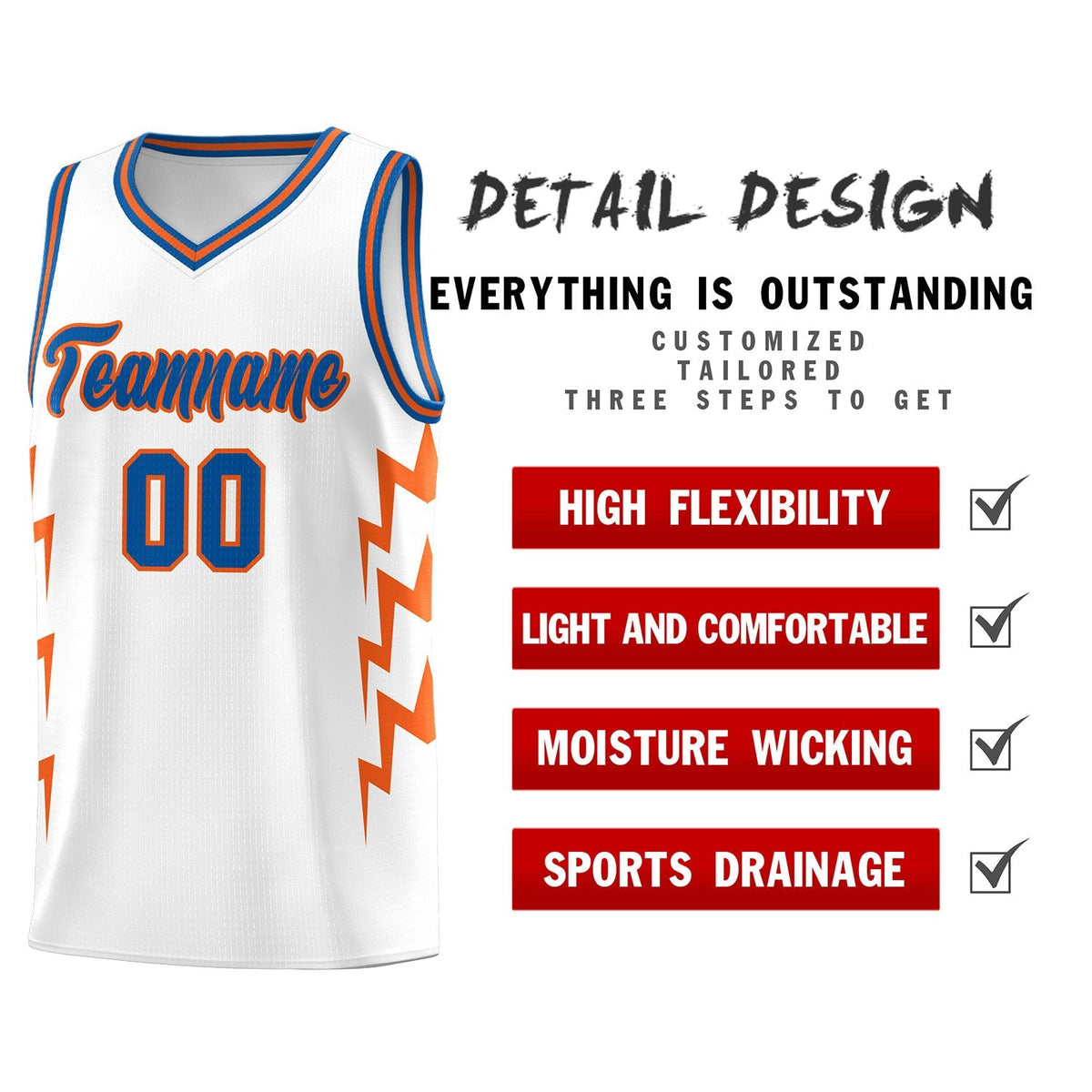 Custom White Side Lightning Pattern Sports Uniform Basketball Jersey