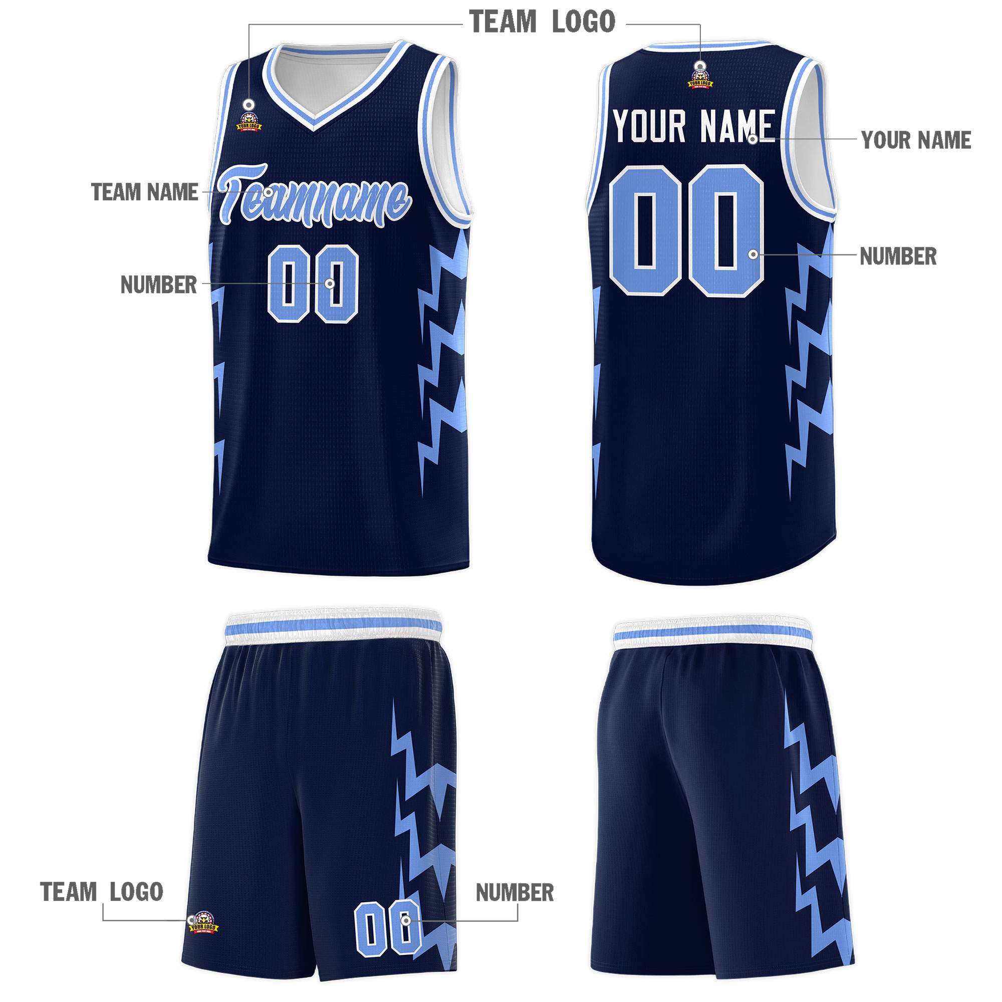 Custom Navy Side Lightning Pattern Sports Uniform Basketball Jersey