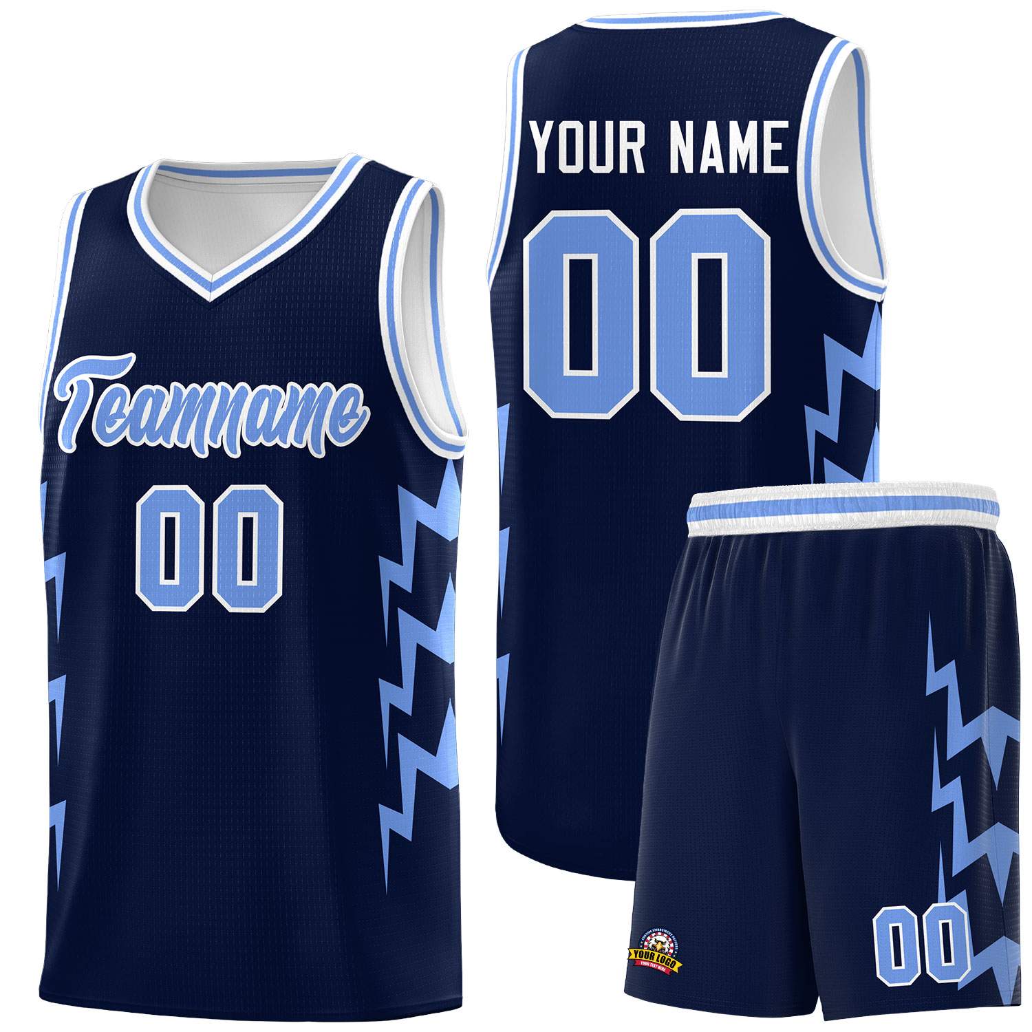 Custom Navy Side Lightning Pattern Sports Uniform Basketball Jersey