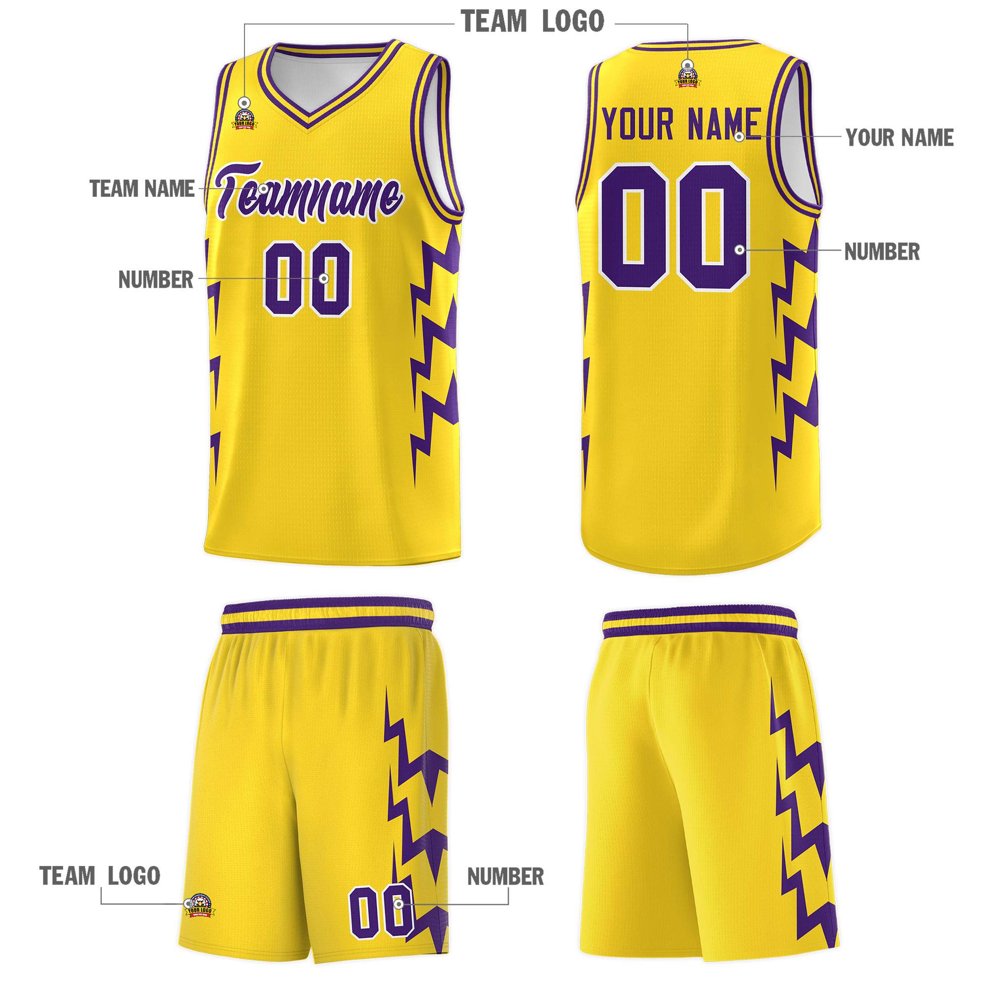 Custom Gold Side Lightning Pattern Sports Uniform Basketball Jersey