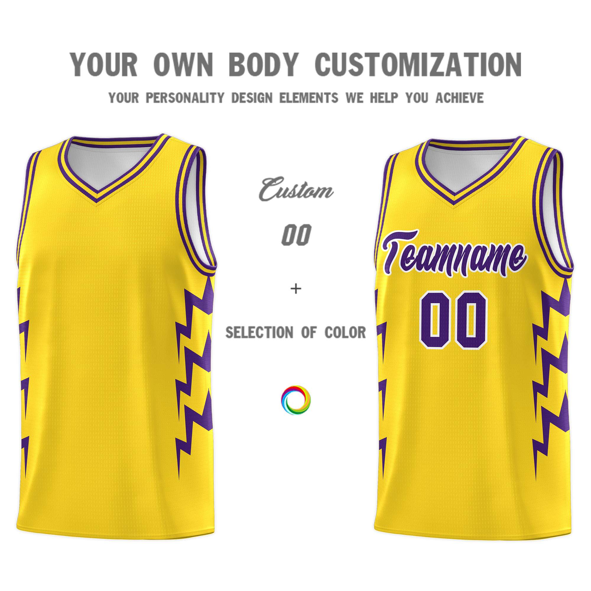 Custom Gold Side Lightning Pattern Sports Uniform Basketball Jersey