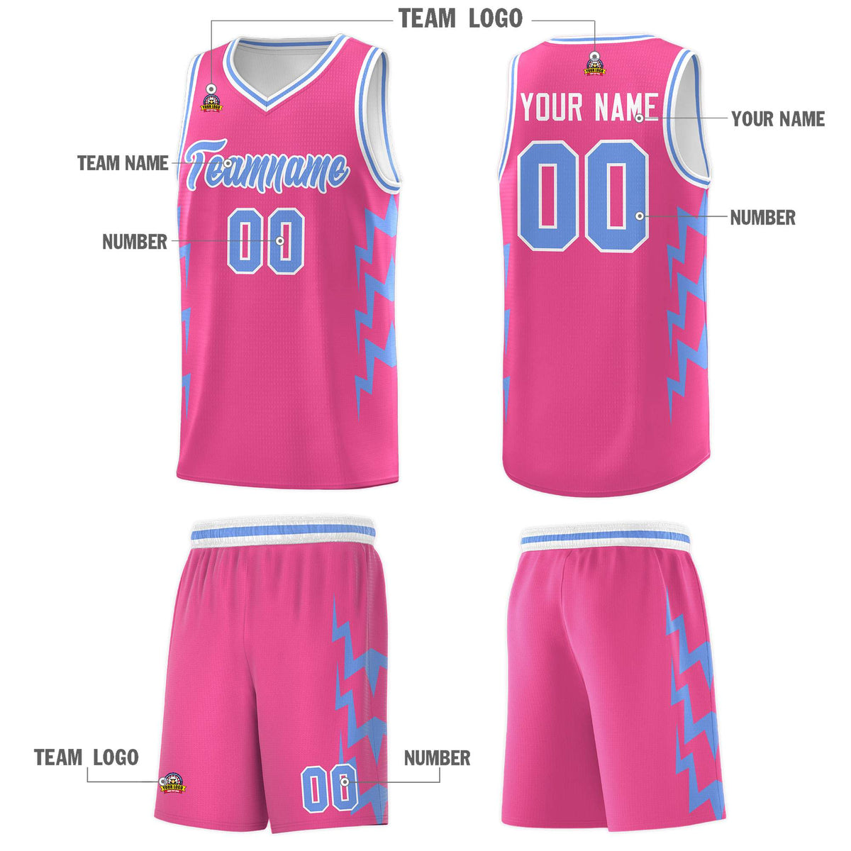 Custom Pink Side Lightning Pattern Sports Uniform Basketball Jersey