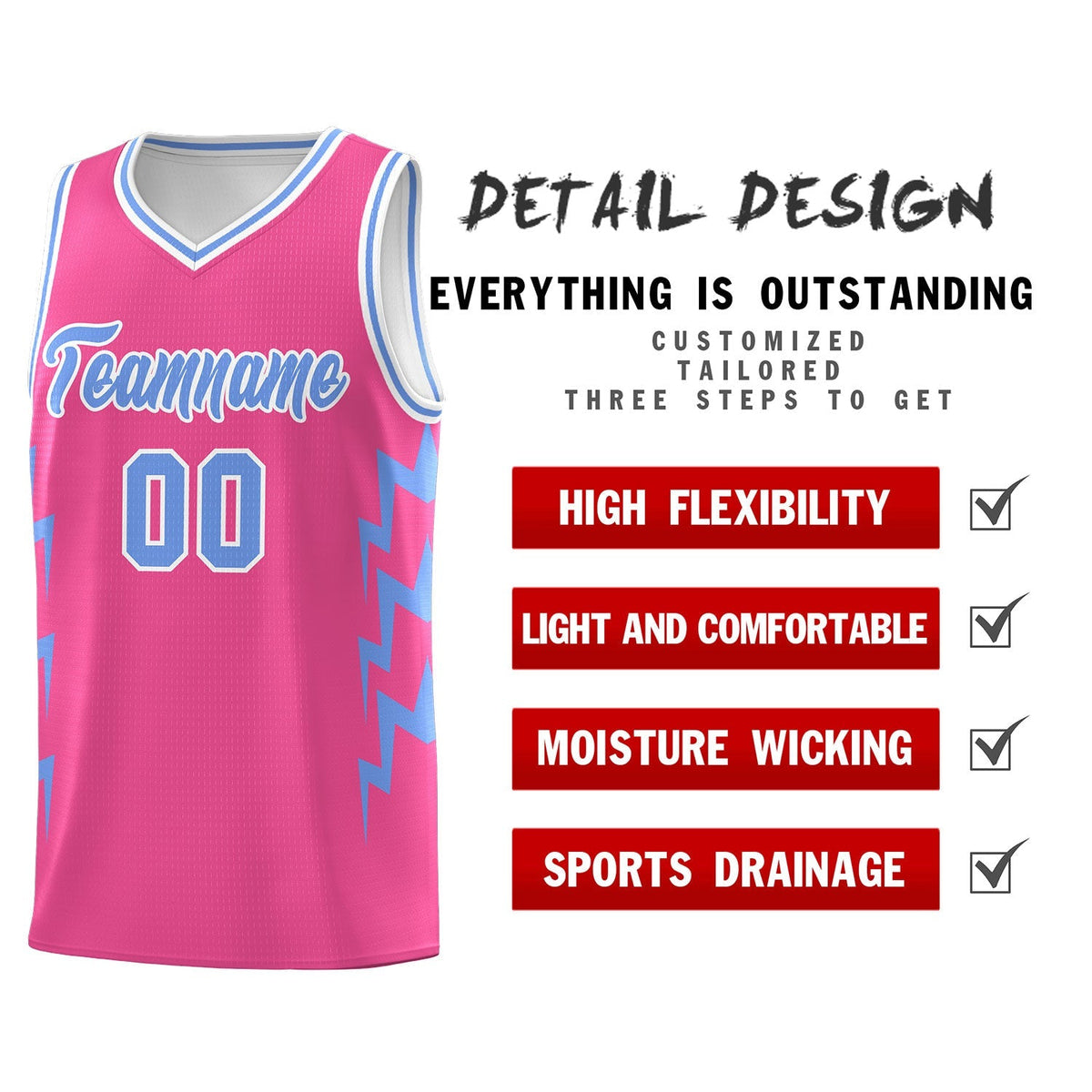 Custom Pink Side Lightning Pattern Sports Uniform Basketball Jersey