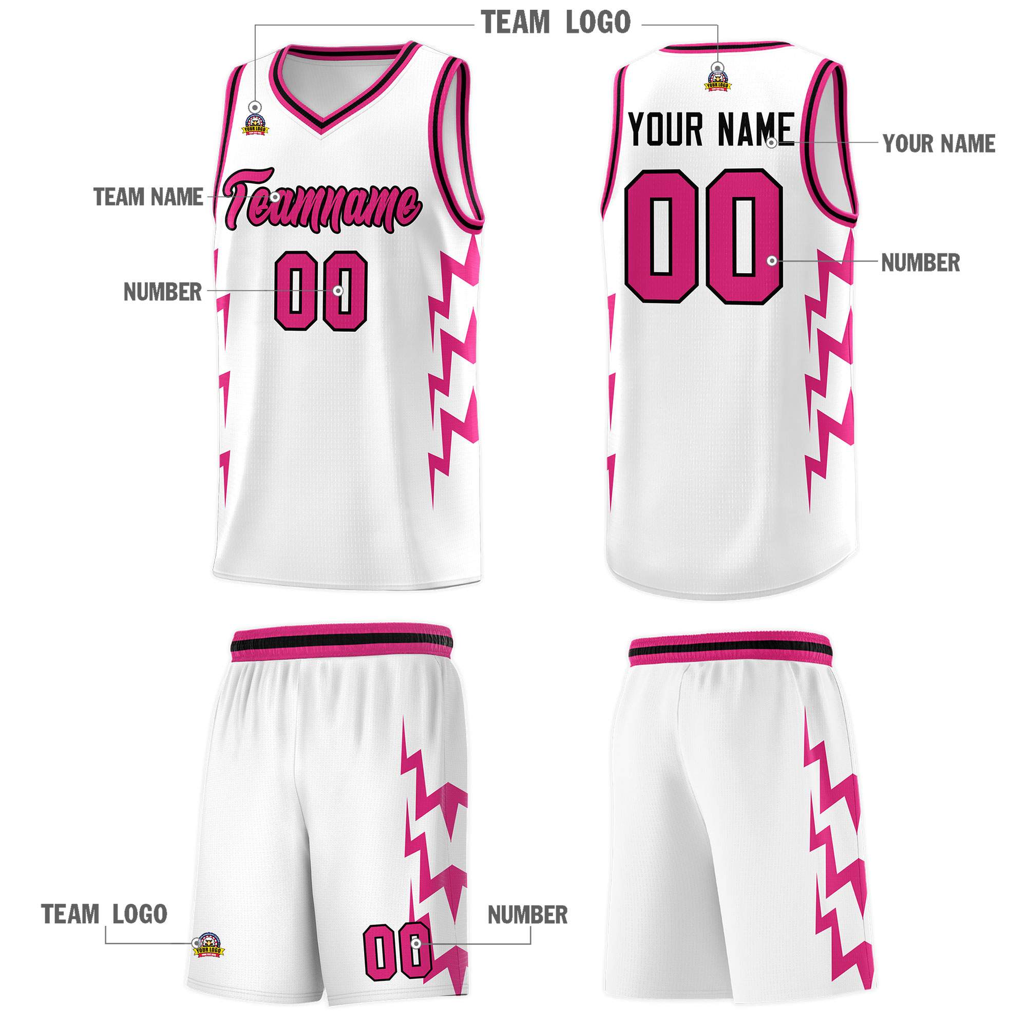 Custom White Side Lightning Pattern Sports Uniform Basketball Jersey