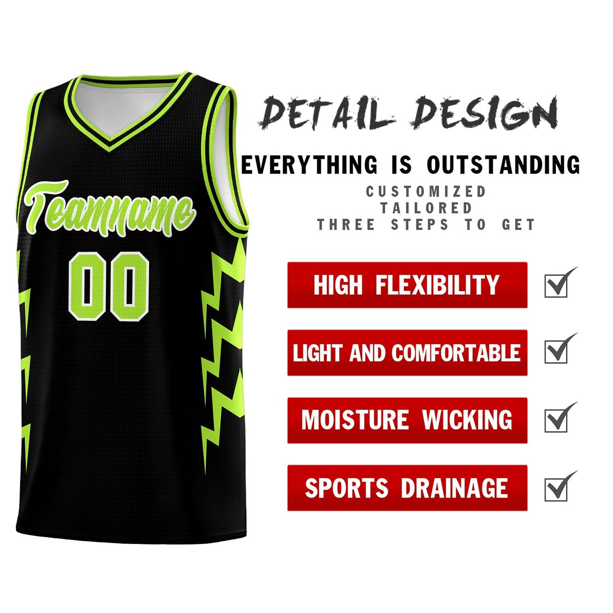 Custom Black Side Lightning Pattern Sports Uniform Basketball Jersey