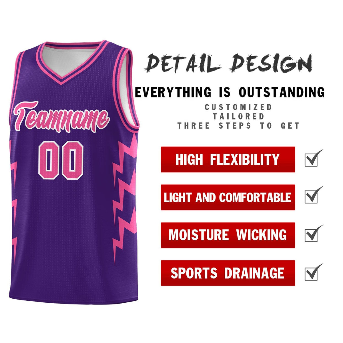 Custom Purple Side Lightning Pattern Sports Uniform Basketball Jersey