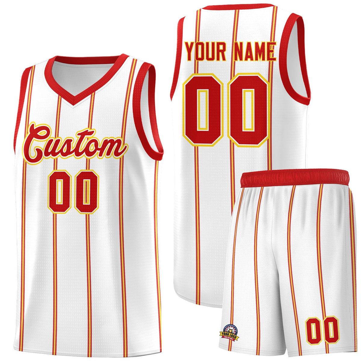 Custom White Red Gold Vertical Stripes Single Sided Sets Basketball Jersey | For Men,Stitched,Perfect for Training,Add Name and Numbern | KXKSHOP