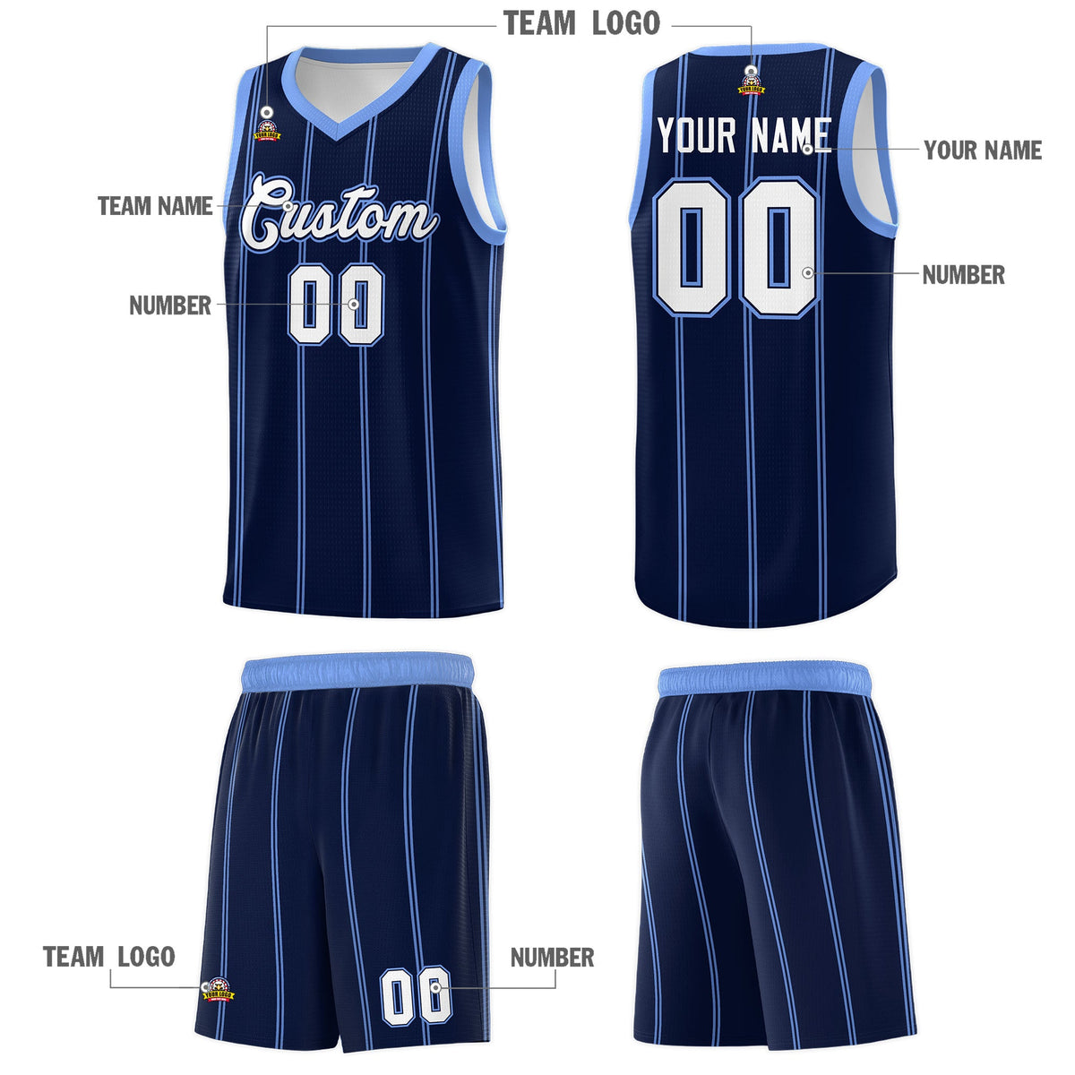 Custom Navy Light Blue White Vertical Stripes Single Sided Sets Basketball Jersey | For Men,Stitched,Perfect for Training,Add Name and Numbern | KXKSHOP